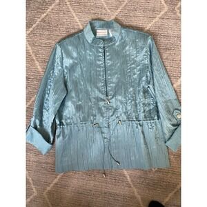 Alfred Dunner Sz 12P Windbreaker Jacket Aqua Tab Sleeve Zip Drawstring Waist